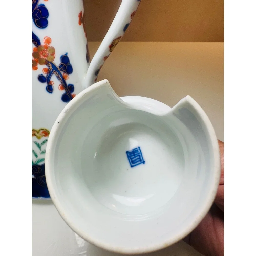 Antique Japanese Imari Porcelain Chocolate Pot Blue Orange Gold Hand Painted